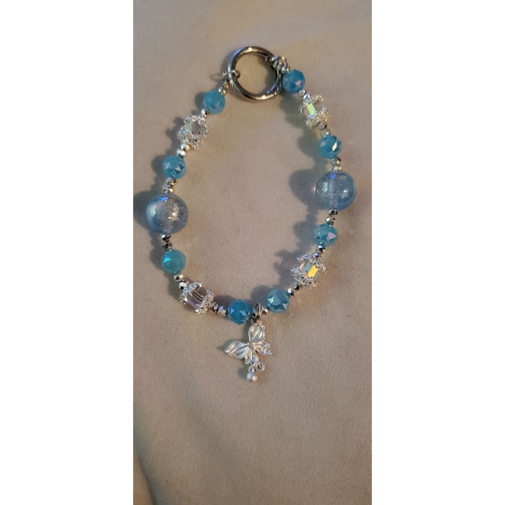 Beaded Bracelet Blue Silver Butterfly Charm phone chain